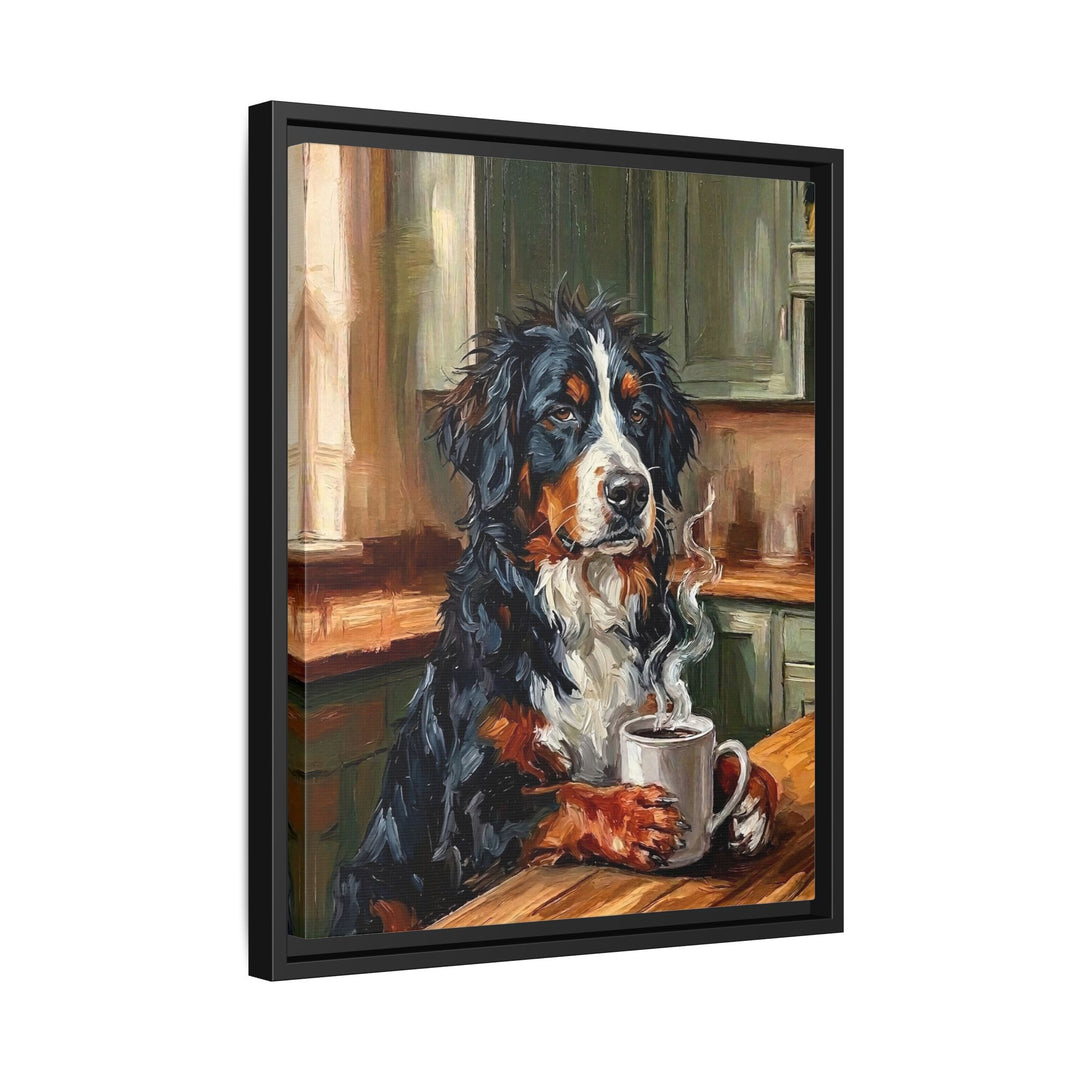 "Before Coffee" - Bernese Mountain Dog Vertical Framed Canvas - Dog Lover Wall Art