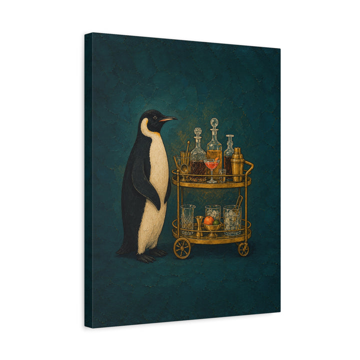 Bar Cart Butler – Bar Cart Decor with a Penguin in Permanent Black Tie – Canvas / Framed Canvas