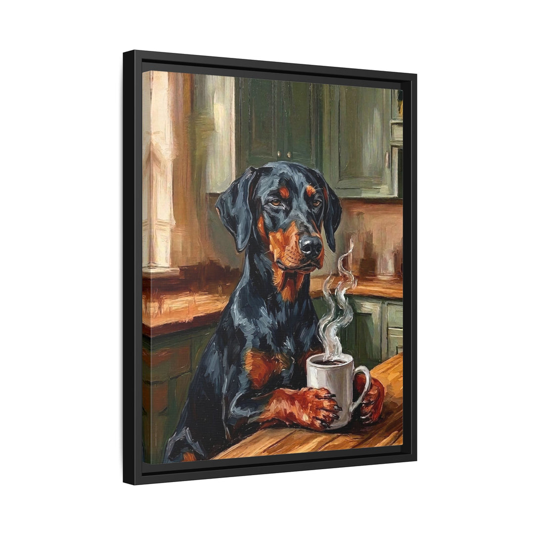 "Before Coffee" - Doberman Vertical Framed Canvas - Dog Lover Wall Art