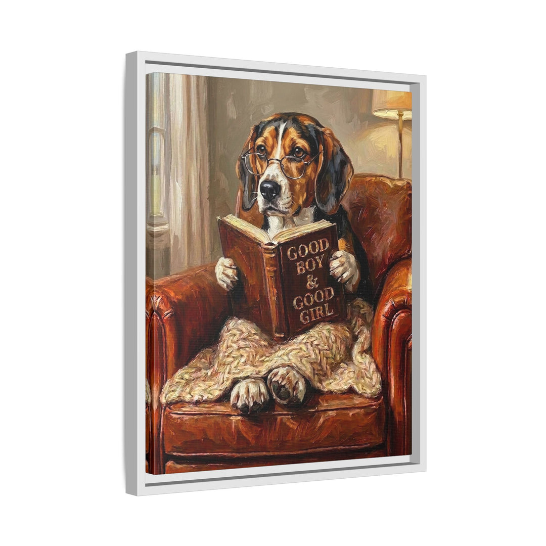 "Evening Read" - Beagle Vertical Framed Canvas - Dog Lover Wall Art