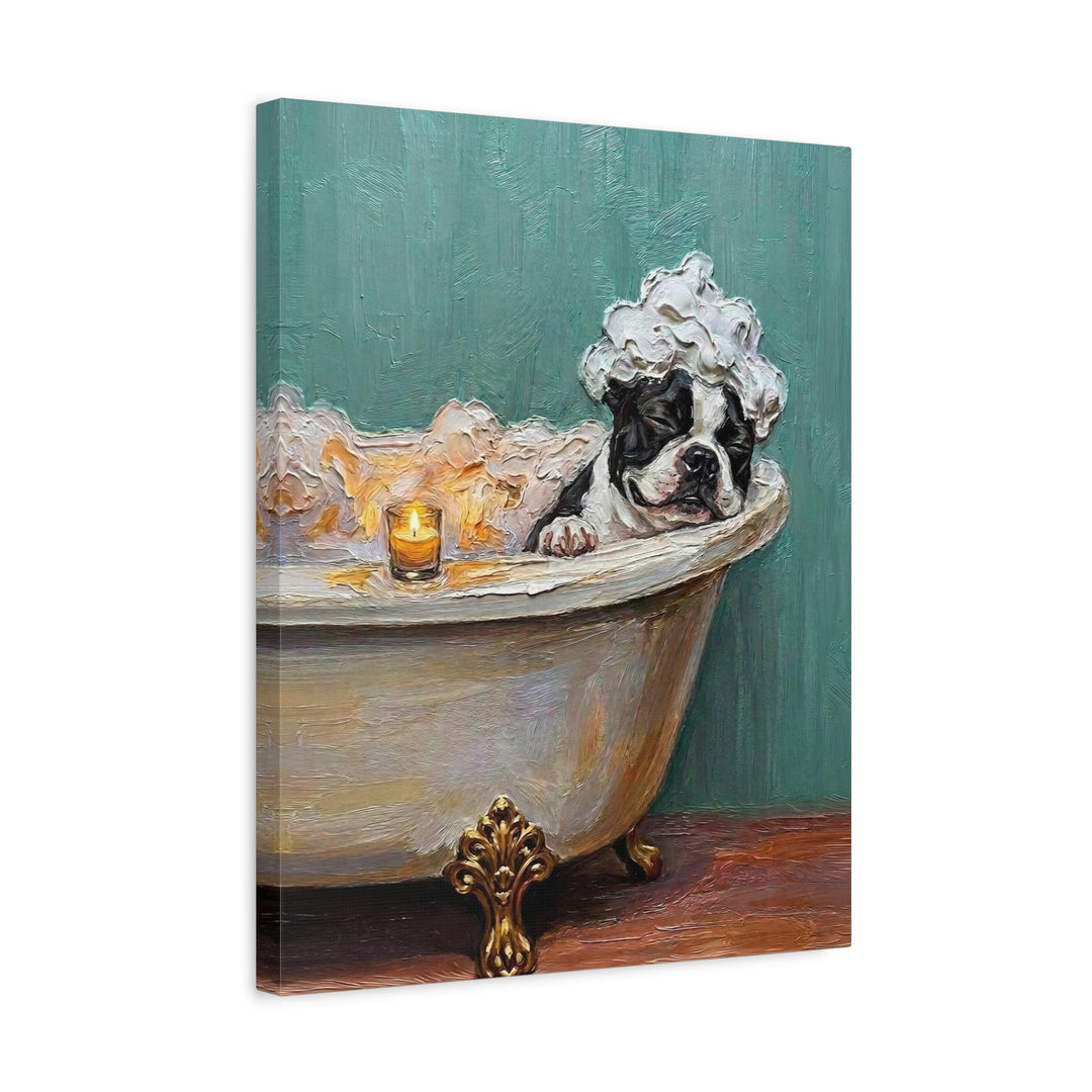 "Spa Day" - Boston Terrier Vertical Canvas - Dog Lover Wall Art
