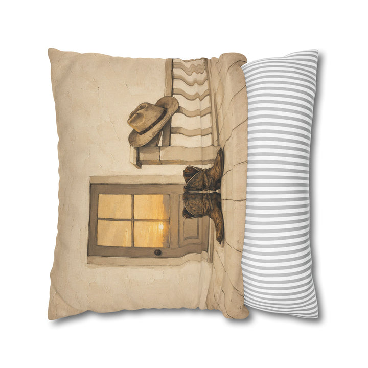 Boots Off The Porch – Western Wall Art with Worn Leather by the Door – Pillow / Cover