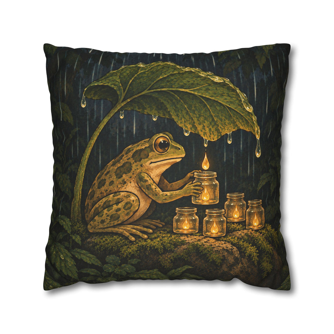 The Rain Collector – Cottagecore Decor with a Frog Tending Tiny Jars – Pillow / Cover
