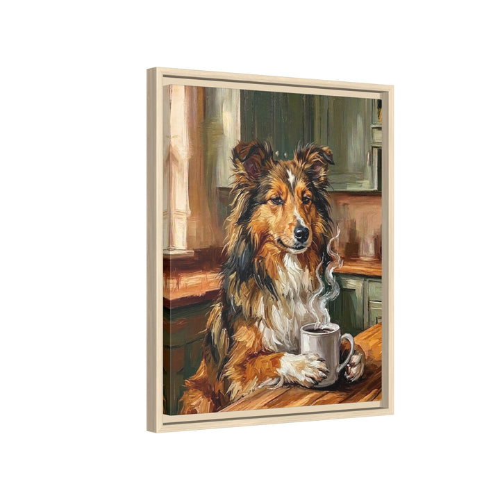 "Before Coffee" - Shetland Sheepdog Vertical Framed Canvas - Dog Lover Wall Art