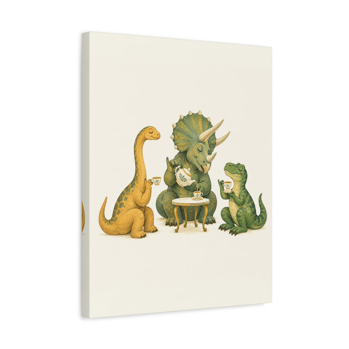 Dino Tea Party – Dinosaur Nursery with a Tiny Table and Raised Pinkies – Canvas / Framed Canvas