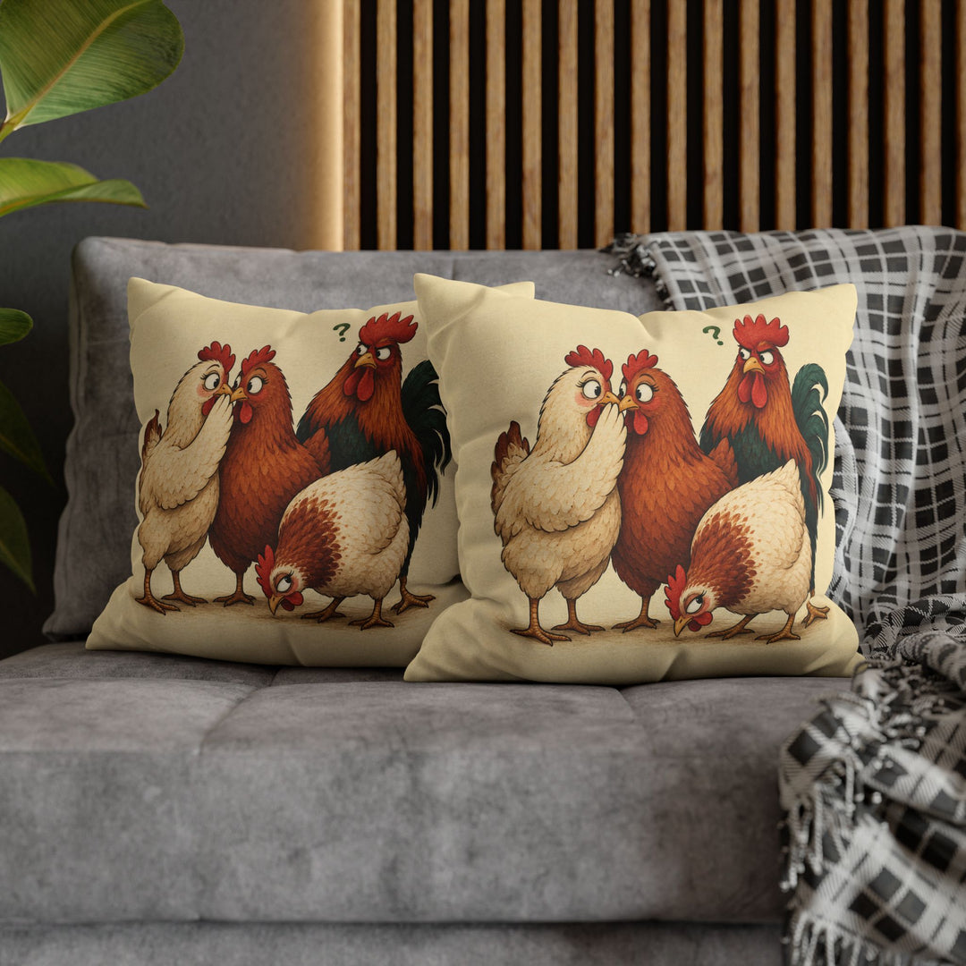 Coop Gossip – Chicken Wall Art with Two Hens and a Third Pretending – Pillow / Cover