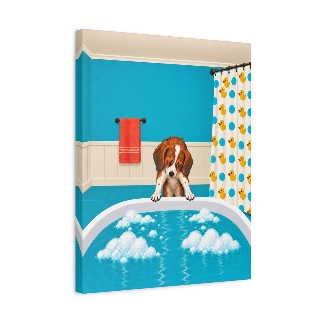 Bath Time Protest – Funny Bathroom Art with a Reluctant Droopy Dog – Canvas / Framed Canvas