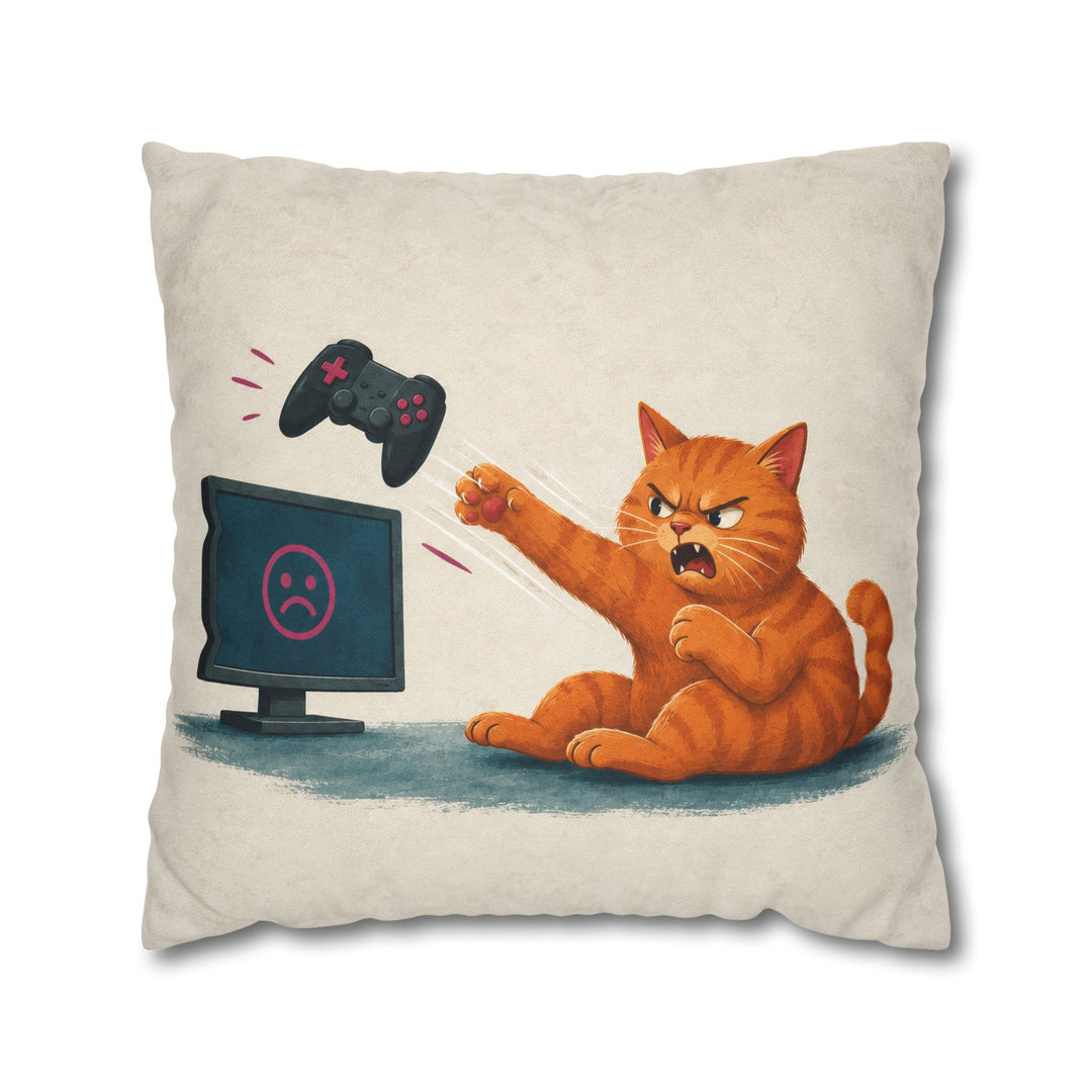Rage Quit – Gaming Wall Art with a Cat Sending a Pad Flying – Pillow / Cover