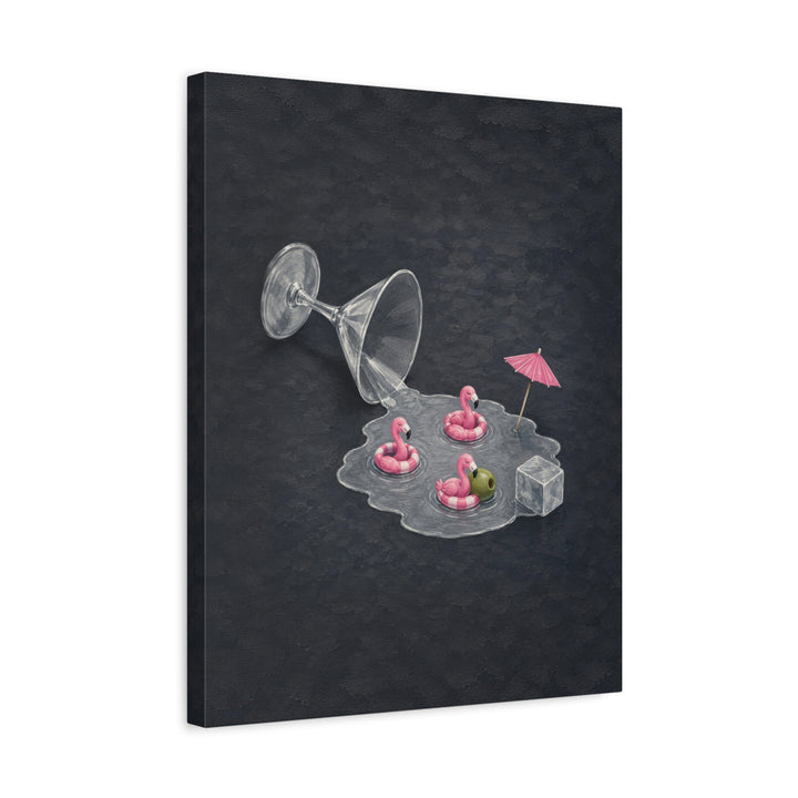 Happy Hour – Cocktail Wall Art with a Tipped Glass and Flamingos – Canvas / Framed Canvas