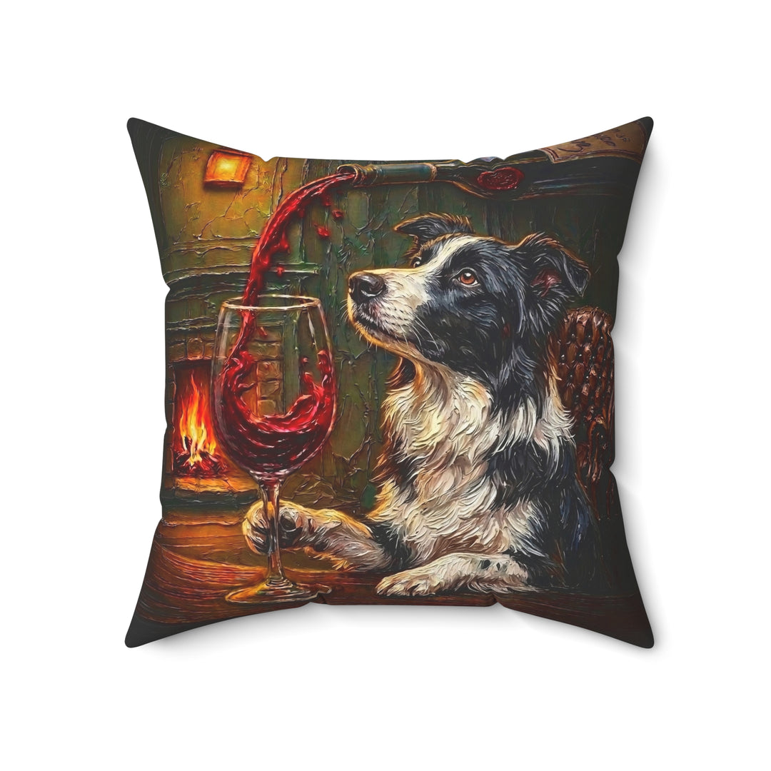 "Wine & Woof" - Border Collie Throw Pillow - Dog Lover Home Decor