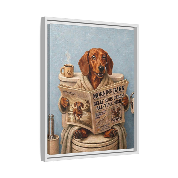 "Morning Business" - Dachshund Vertical Framed Canvas - Dog Lover Wall Art