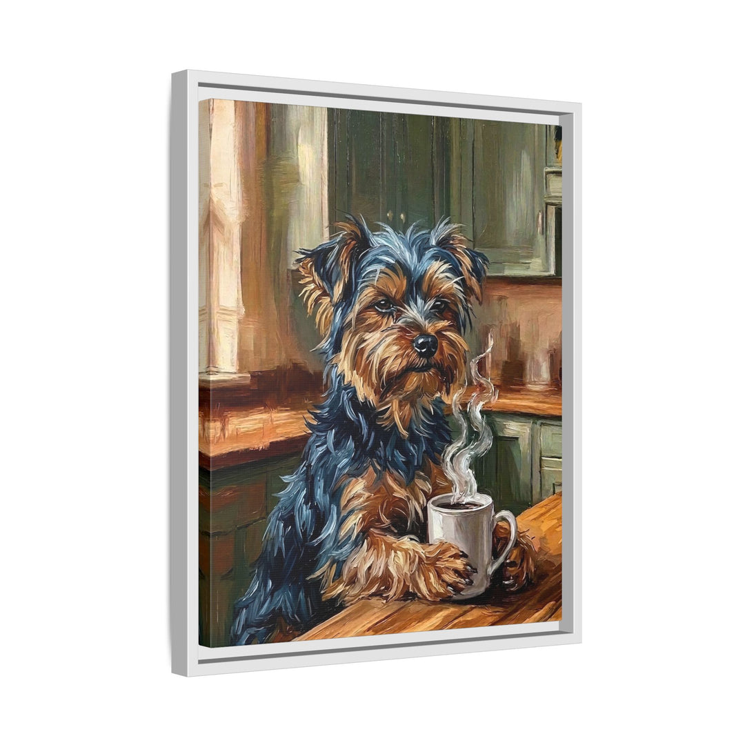 "Before Coffee" - Yorkie Vertical Framed Canvas - Dog Lover Wall Art