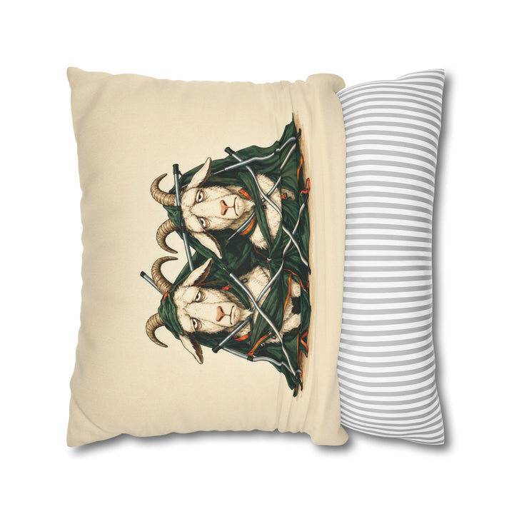 Tent Setup, Hour Three – Outdoor Wall Art with Two Goats Tangled in Poles – Pillow / Cover