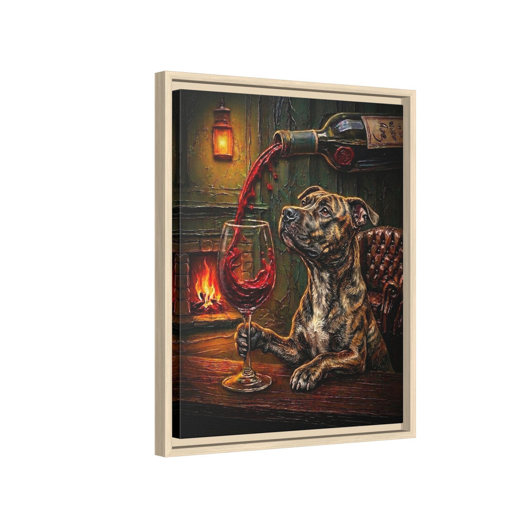 "Wine & Woof" - Pit Bull Vertical Framed Canvas - Dog Lover Wall Art