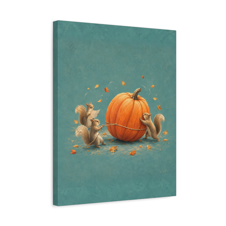 Pumpkin Logistics – Squirrel Art with a Team Rolling One Giant Gourd – Canvas / Framed Canvas