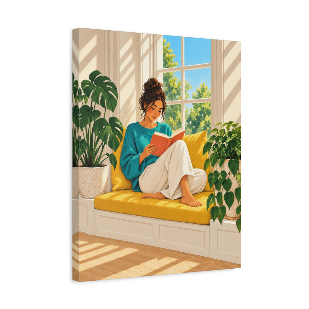 Woman Reading, Sunday – Reading Art with a Sunlit Yellow Window Seat – Canvas / Framed Canvas