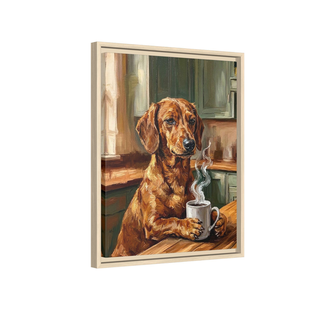 "Before Coffee" - Dachshund Vertical Framed Canvas - Dog Lover Wall Art