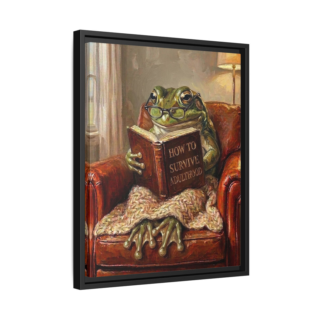 "Survive Adulthood" - Frog Vertical Framed Canvas - Spirit Animal Wall Art