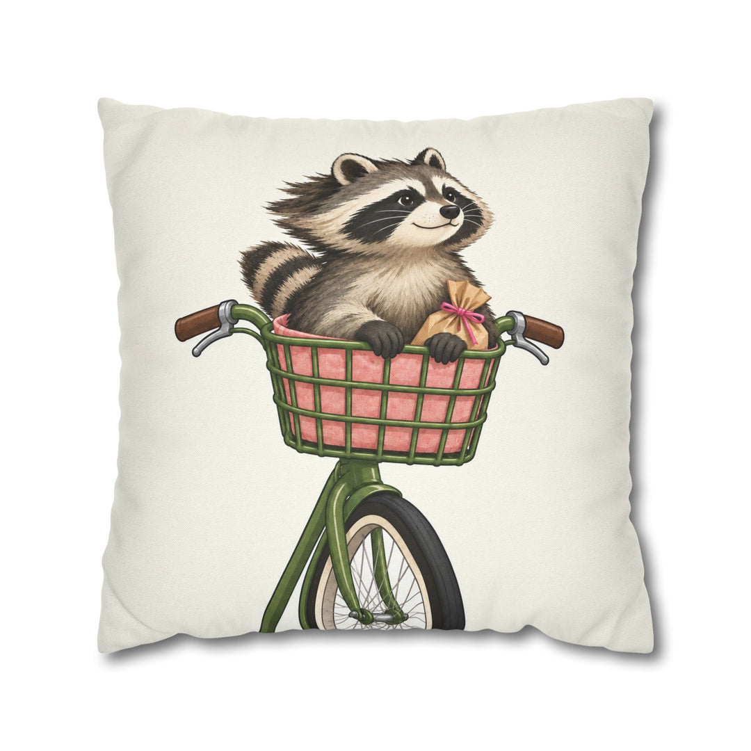 The Commuter – Raccoon Decor with a Bicycle Basket Ride – Pillow / Cover