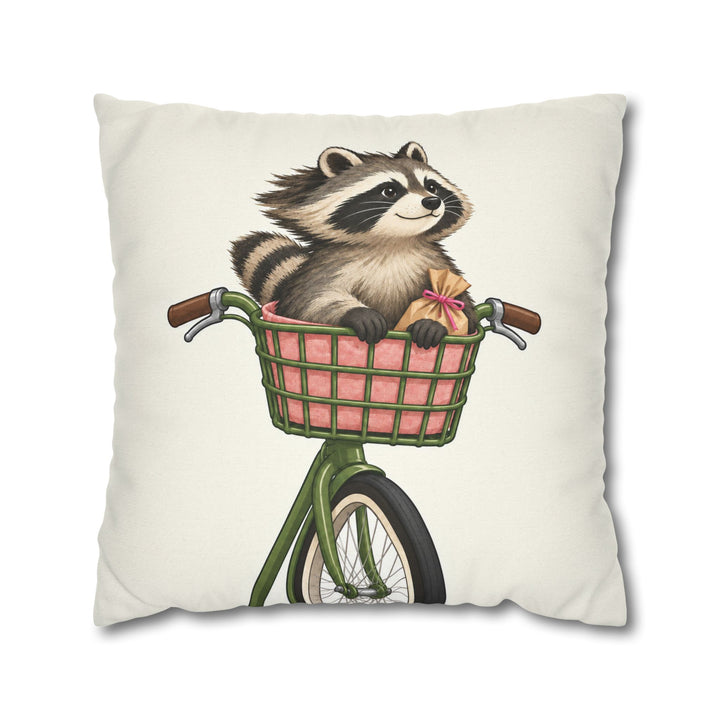 The Commuter – Raccoon Decor with a Bicycle Basket Ride – Pillow / Cover