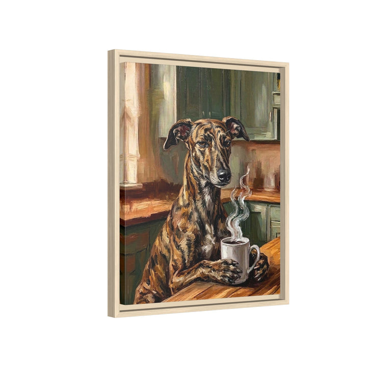 "Before Coffee" - Greyhound Vertical Framed Canvas - Dog Lover Wall Art