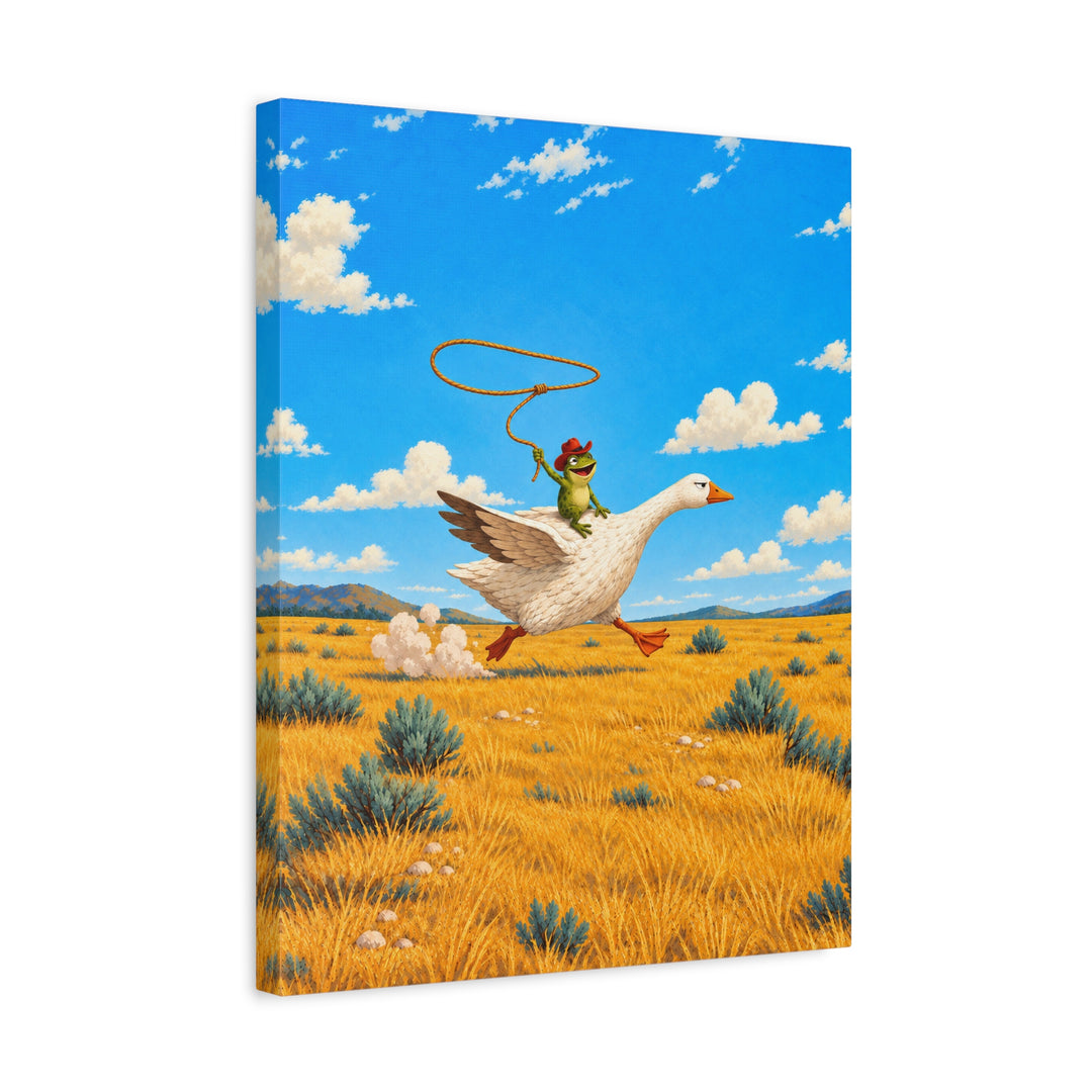 The Getaway – Cowboy Art with a Frog Riding a Dignified Steed – Canvas / Framed Canvas