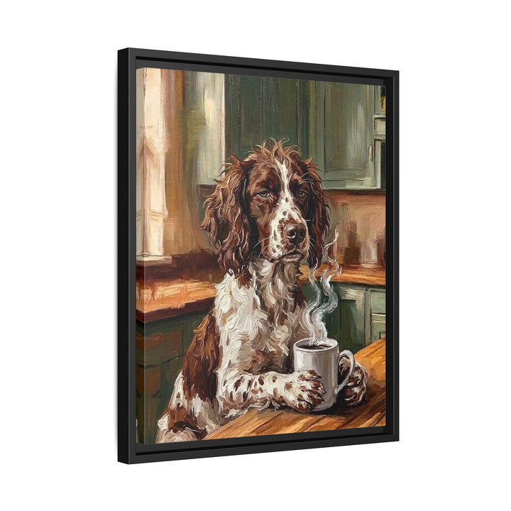 "Before Coffee" - English Springer Spaniel Vertical Framed Canvas - Dog Lover Wall Art