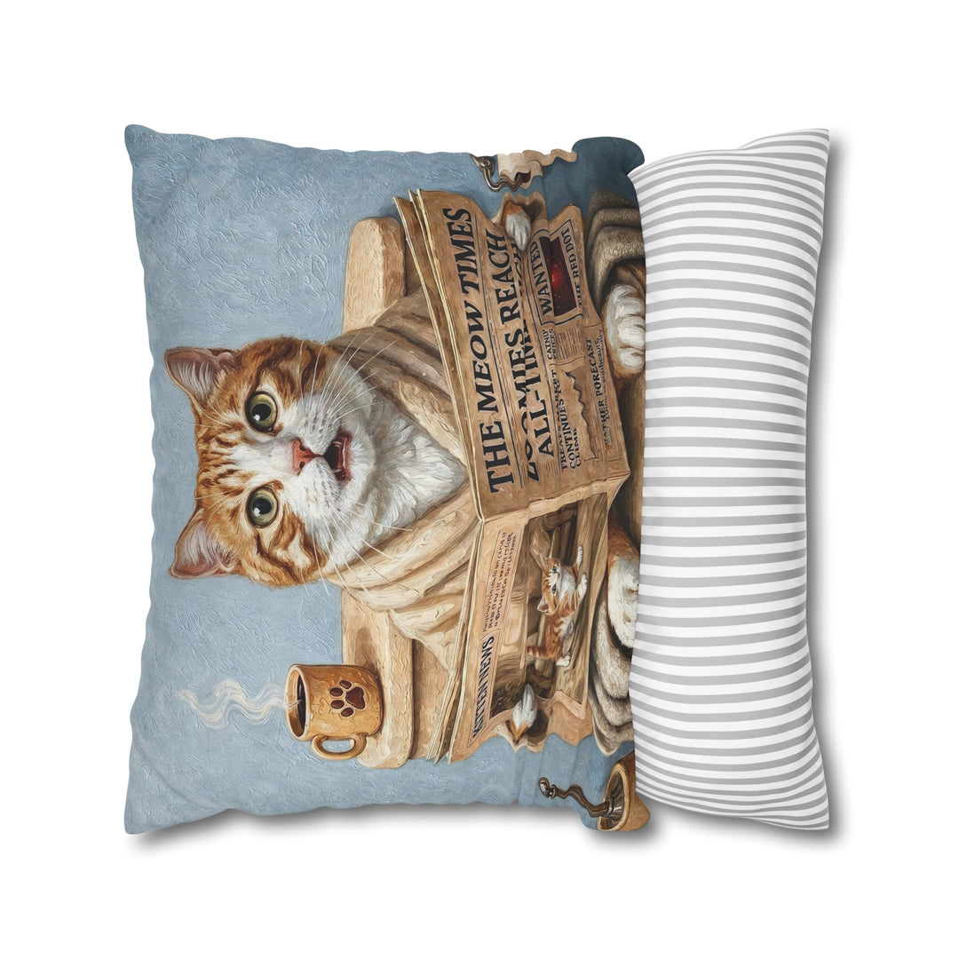 "Morning Business" - Orange & White Tabby Throw Pillow - Cat Lover Home Decor