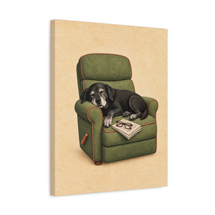 Grandpa's Co-Pilot – Fishing Wall Art with a Grey Muzzle in the Recliner – Canvas / Framed Canvas