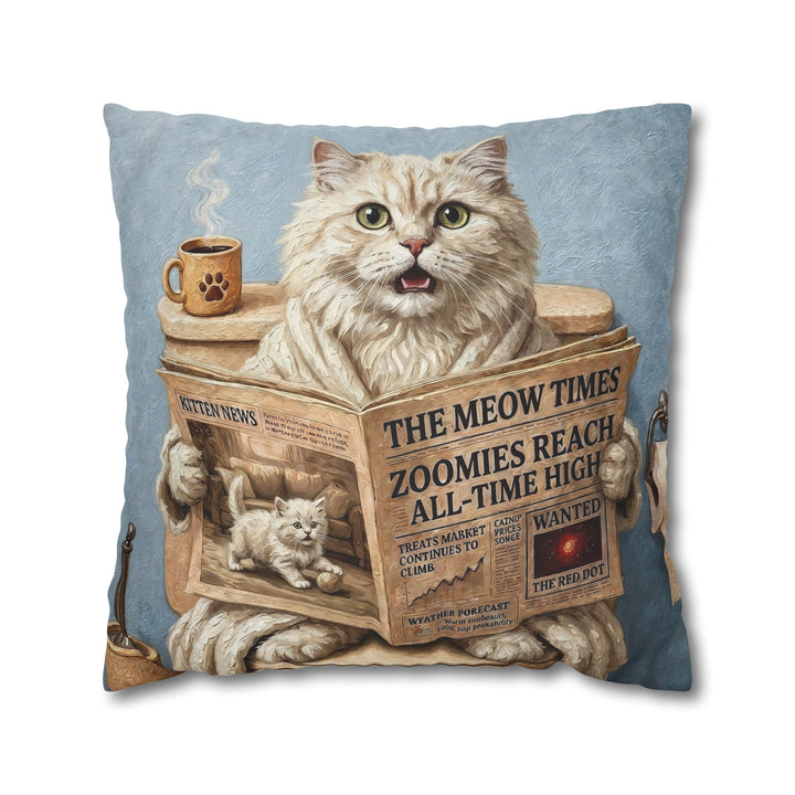 "Morning Business" - Fluffy White Cream Longhair Throw Pillow - Cat Lover Home Decor