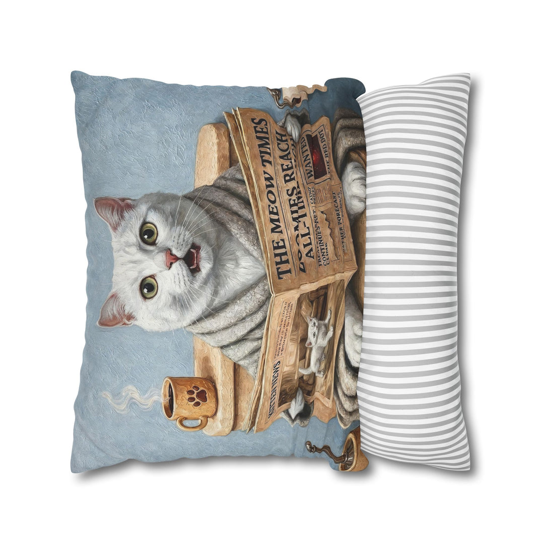 "Morning Business" - White Shorthair Throw Pillow - Cat Lover Home Decor