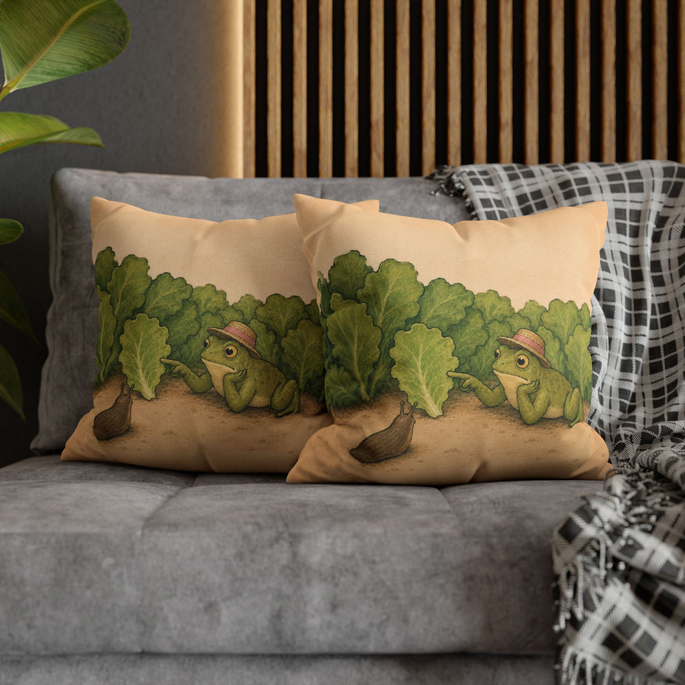 Slug Negotiations – Garden Wall Art with a Sun Hat at the Lettuce Line – Pillow / Cover