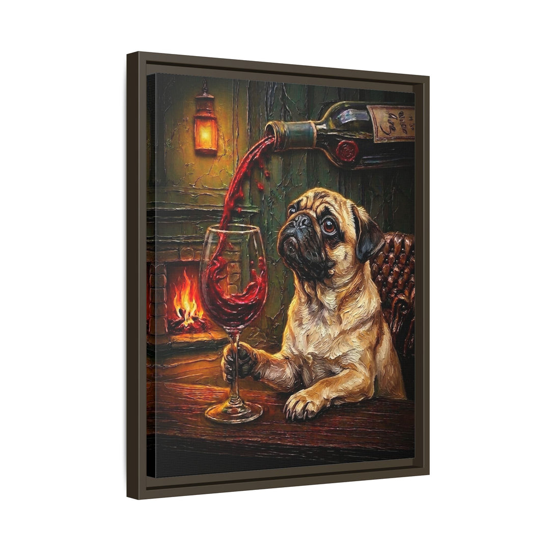 "Wine & Woof" - Pug Vertical Framed Canvas - Dog Lover Wall Art