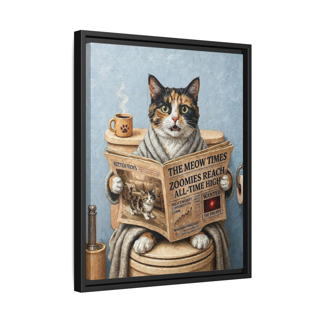 "Morning Business" - Calico Vertical Framed Canvas - Cat Lover Wall Art