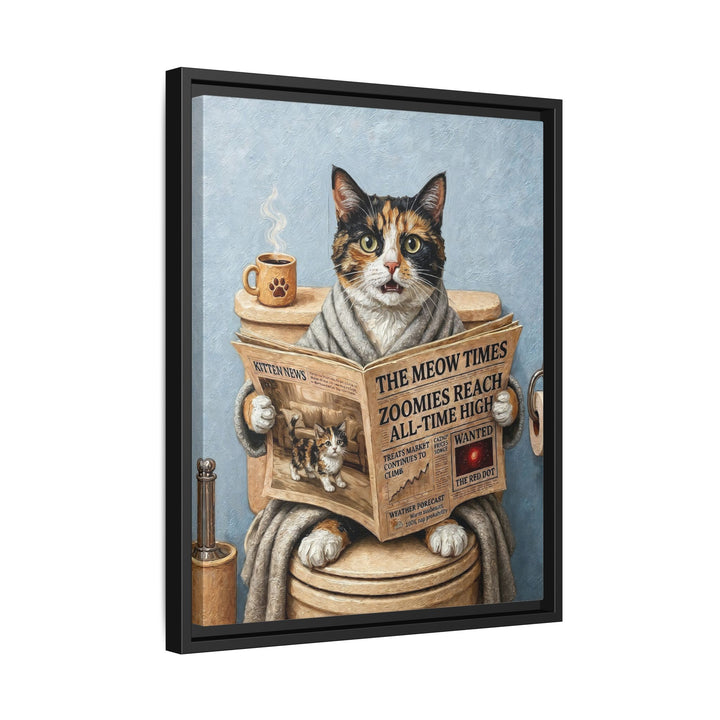 "Morning Business" - Calico Vertical Framed Canvas - Cat Lover Wall Art