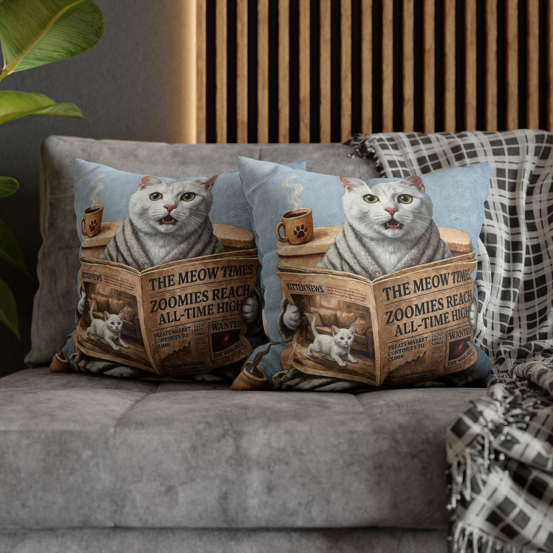 "Morning Business" - White Shorthair Throw Pillow - Cat Lover Home Decor