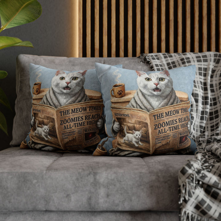 "Morning Business" - White Shorthair Throw Pillow - Cat Lover Home Decor