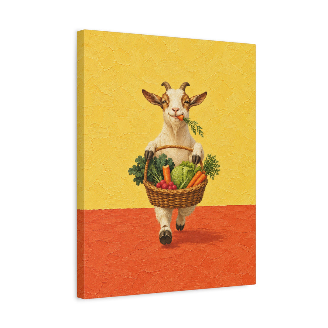 Market Haul – Kitchen Wall Art with a Goat and a Veggie Basket – Canvas / Framed Canvas