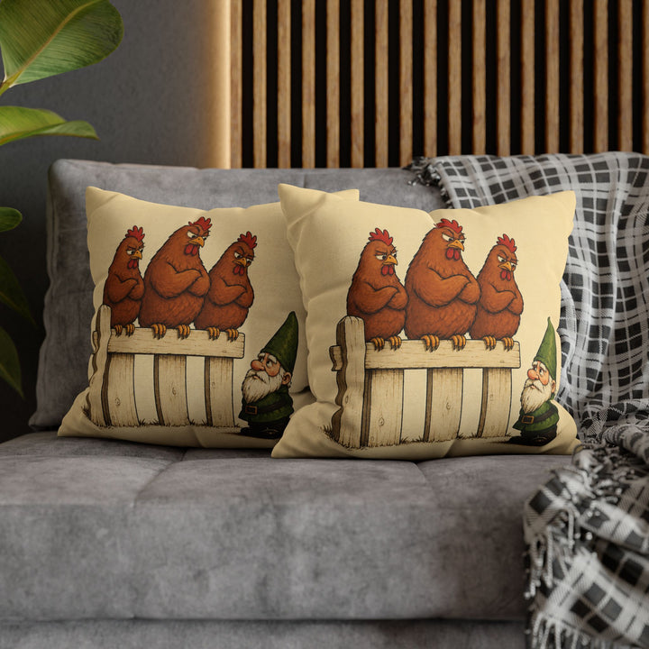 Hen Committee – Chicken Art with Three Hens Reviewing a Gnome – Pillow / Cover