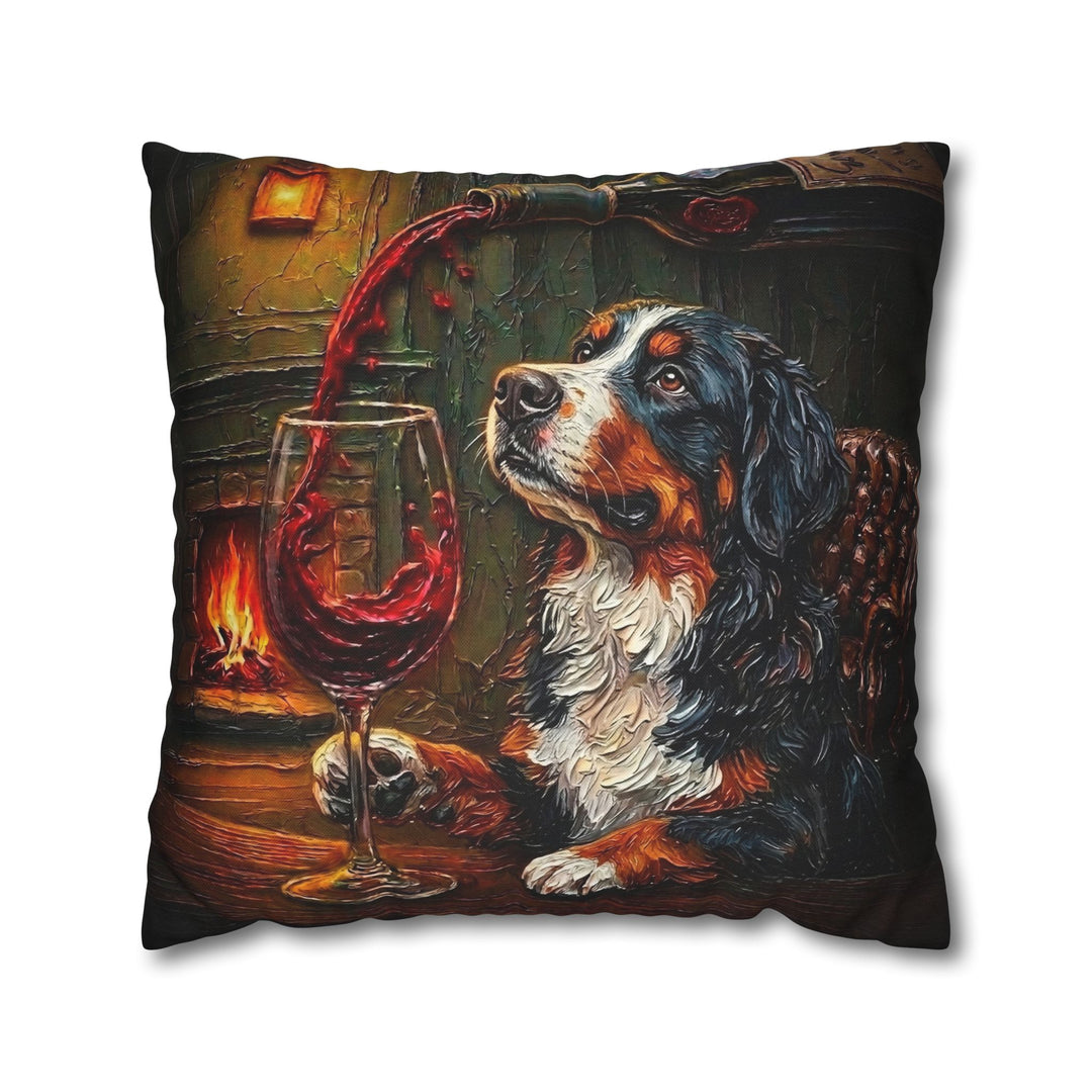 "Wine & Woof" - Bernese Mountain Dog Pillow Cover - Dog Lover Home Decor