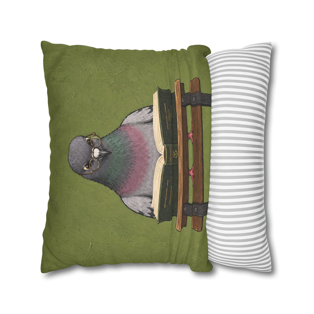 The Scholar – Pigeon Wall Art with Reading Glasses on a Park Bench – Pillow / Cover