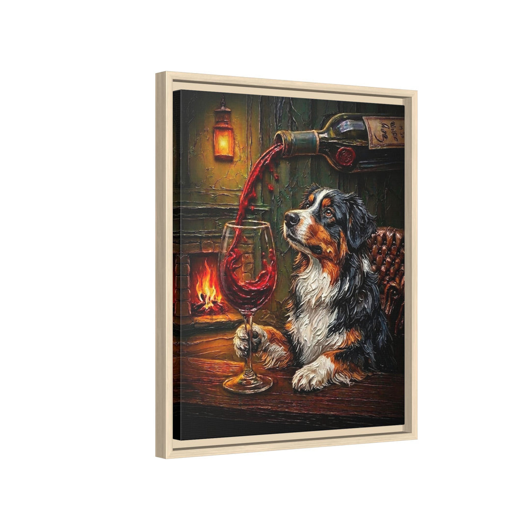 "Wine & Woof" - Australian Shepherd Vertical Framed Canvas - Dog Lover Wall Art