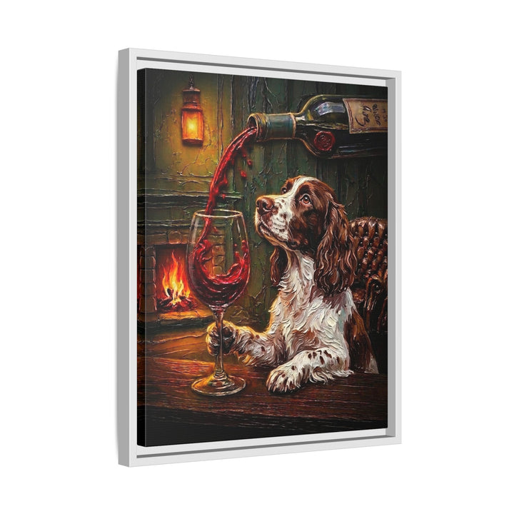 "Wine & Woof" - English Springer Spaniel Vertical Framed Canvas - Dog Lover Wall Art