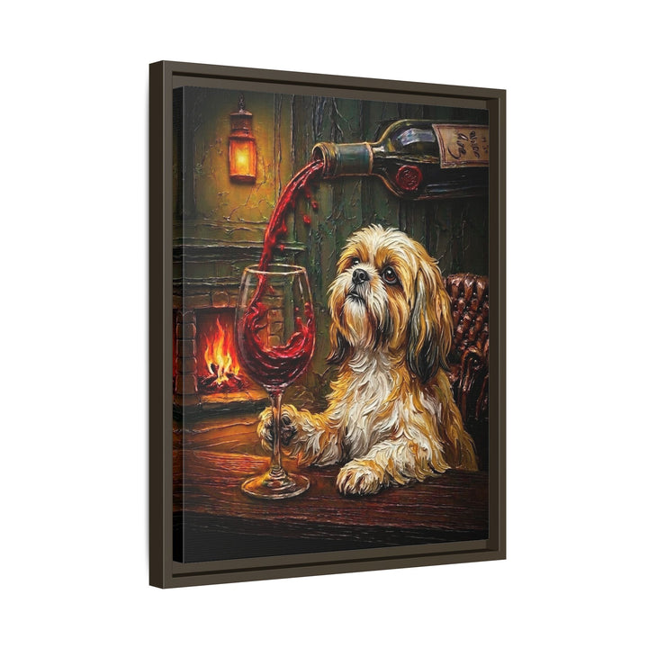 "Wine & Woof" - Shih Tzu Vertical Framed Canvas - Dog Lover Wall Art