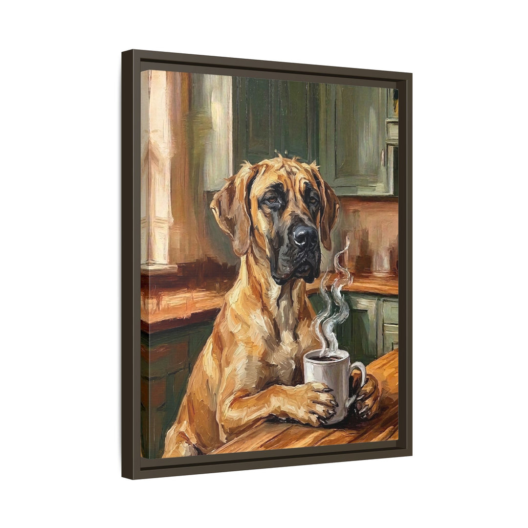"Before Coffee" - Great Dane Vertical Framed Canvas - Dog Lover Wall Art
