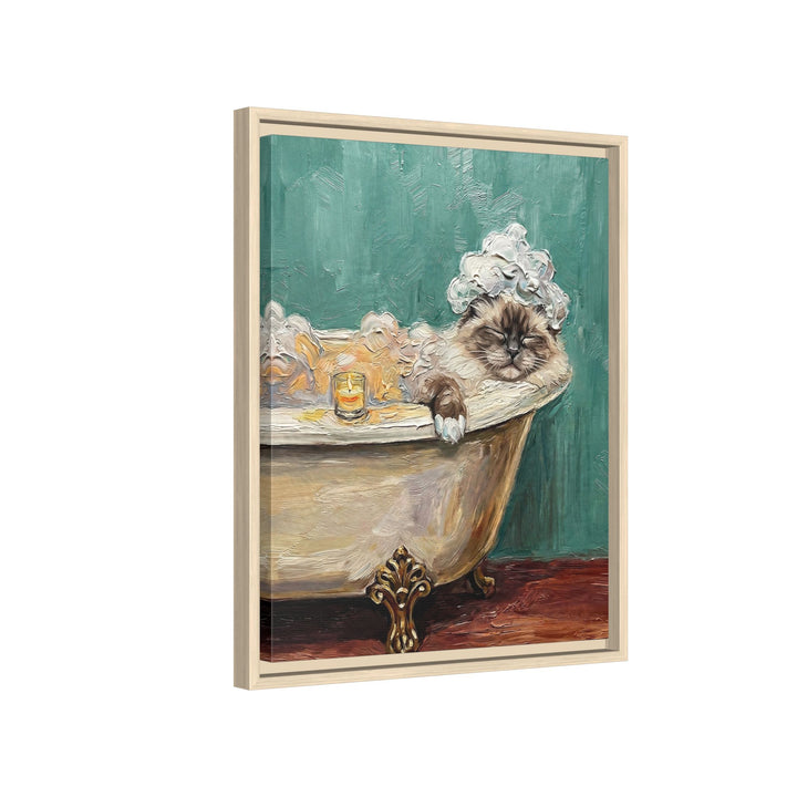 "Spa Day" - Fluffy Colorpoint Vertical Framed Canvas - Cat Lover Wall Art