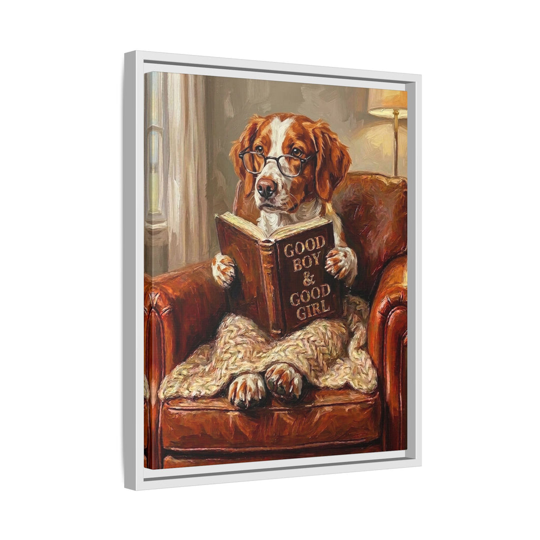 "Evening Read" - Brittany Spaniel Vertical Framed Canvas - Dog Lover Wall Art