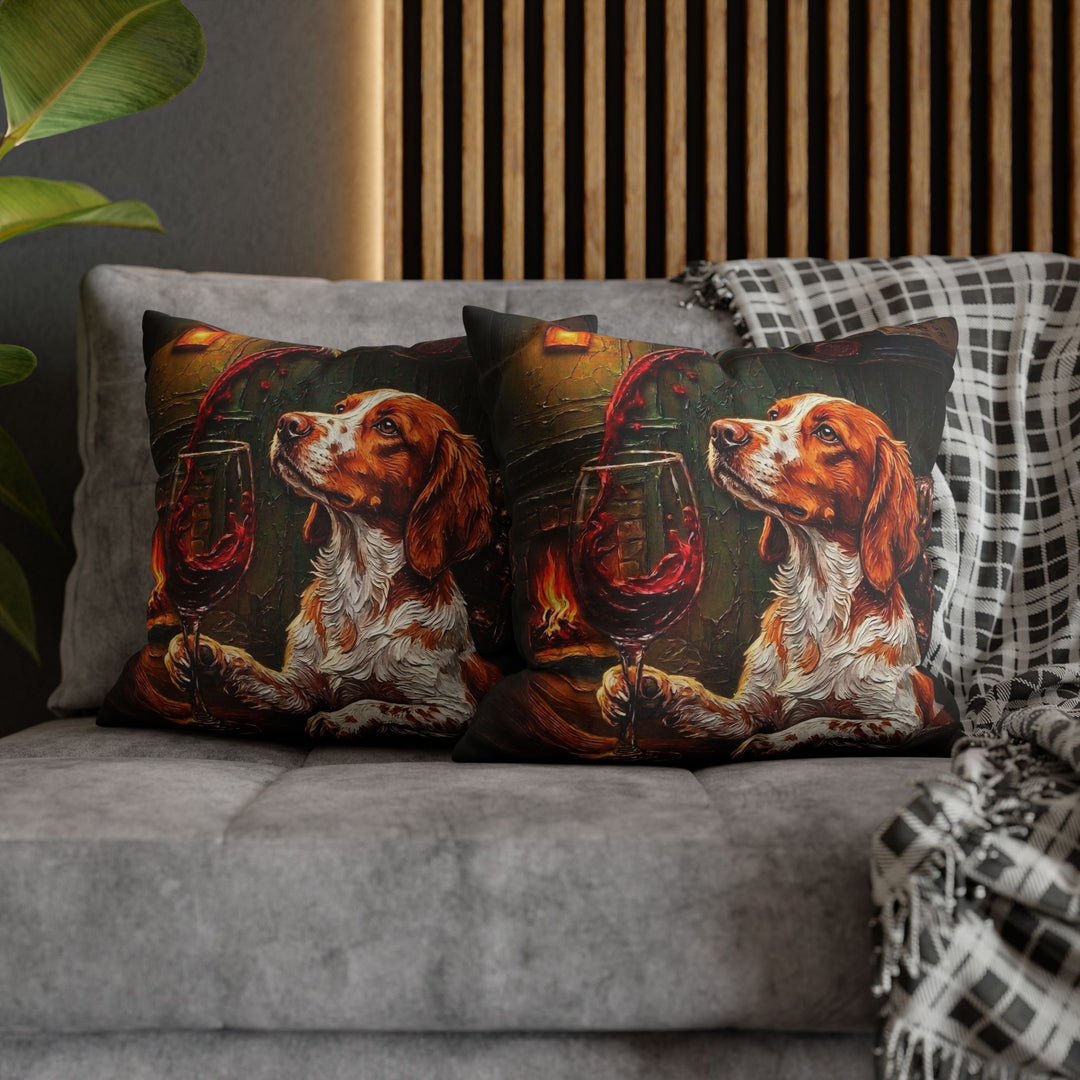 "Wine & Woof" - Brittany Spaniel Pillow Cover - Dog Lover Home Decor