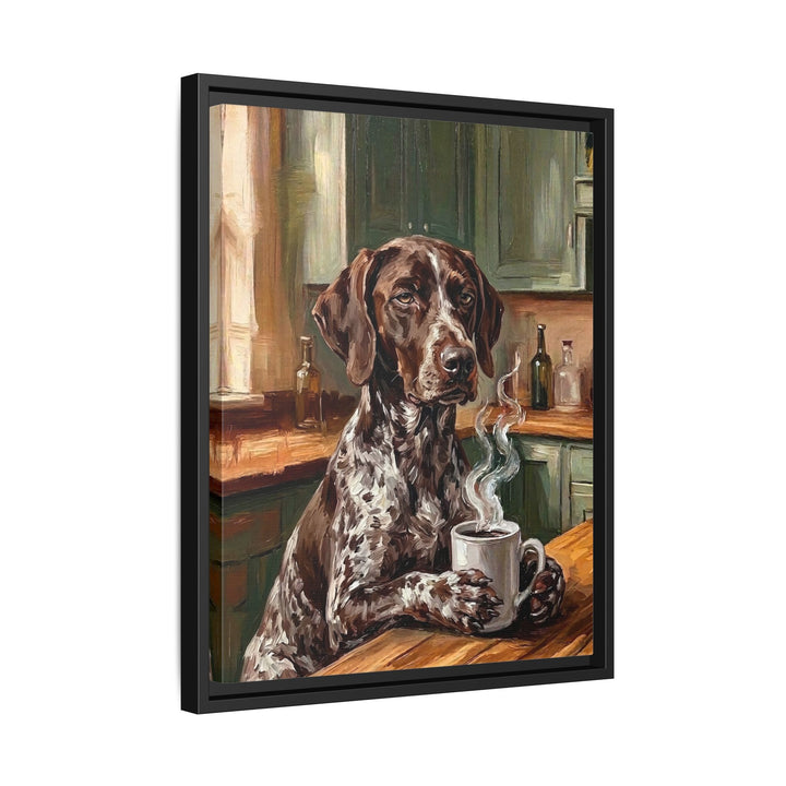 "Before Coffee" - German Shorthaired Pointer Vertical Framed Canvas - Dog Lover Wall Art