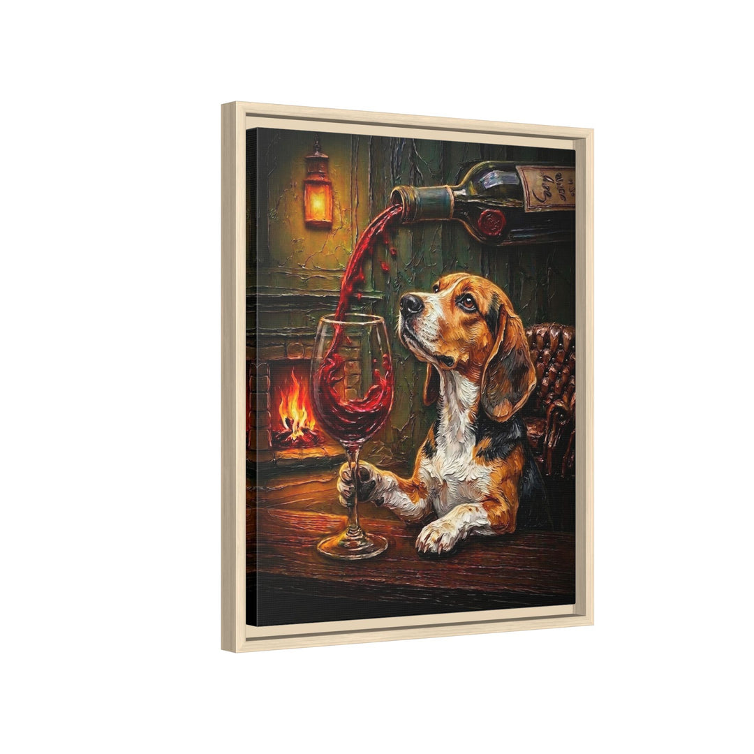 "Wine & Woof" - Beagle Vertical Framed Canvas - Dog Lover Wall Art